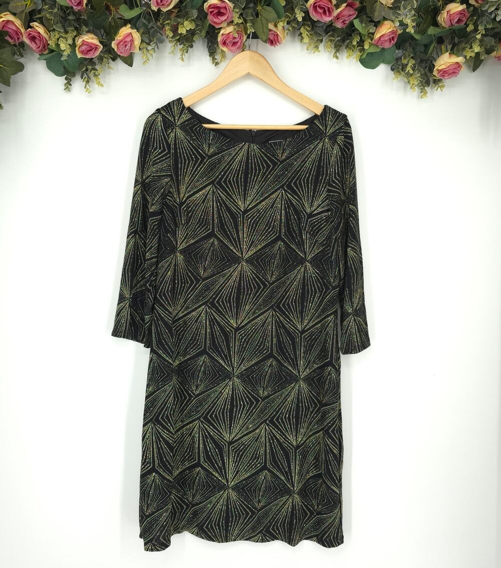 JH Evenings Black Gold Geometric Glitter Print Quarter Sleeve Shift Dress 16